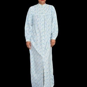 Vintage HukAPoo Gown Blue Floral Robe Prairie Country House Coat Maxi Size Small